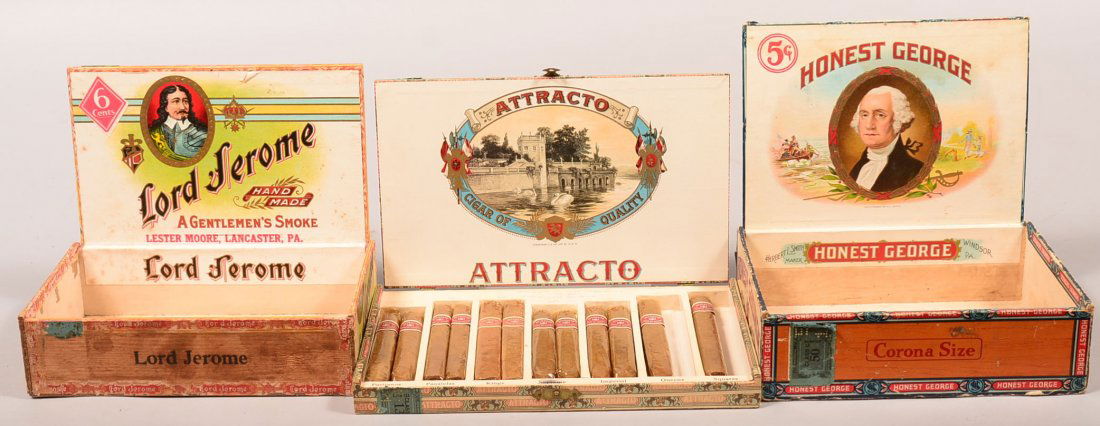 Three Advertising Cigar Boxes. Attracto cigar salesman: Three Advertising Cigar Boxes. Attracto cigar salesman sample cigar box, Lord Jerome cigar box Lester Moore, Lancaster, Pa., Honest George cigar box Herbert l Smith Windsor, Pa. Factory #561, 1"-2-1/2