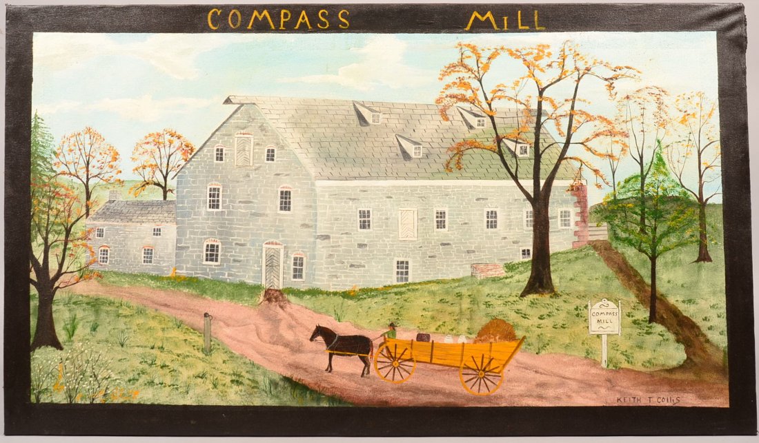 Contemporary Oil on Canvas depicting Compass Mill: Contemporary Oil on Canvas depicting Compass Mill (Lititz, Pa) with horse and wagon in foreground, by Keith T. Collis. (Local artist), stretch canvas on wooden frame, 22"h. x 38"w. Condition: Good wit