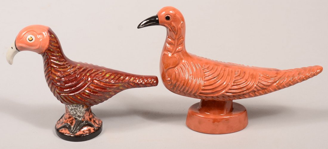 Two James Seagreaves Glazed and Molded Pottery Bird: Two James Seagreaves Glazed and Molded Pottery Bird Figurines. Both signed on base "JCS". 6-1/4" and 7-1/4"h. Condition: Very good.