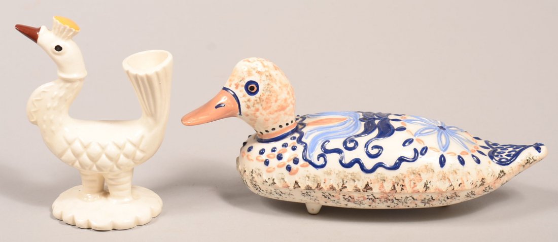 Two James Seagreaves White Glazed and Molded Pottery: Two James Seagreaves White Glazed and Molded Pottery Stylized Bird Figures. Both signed on base "JCS". First is a vase-tail bird on a scalloped base and measures 6-1/2" and the second is a decoy style