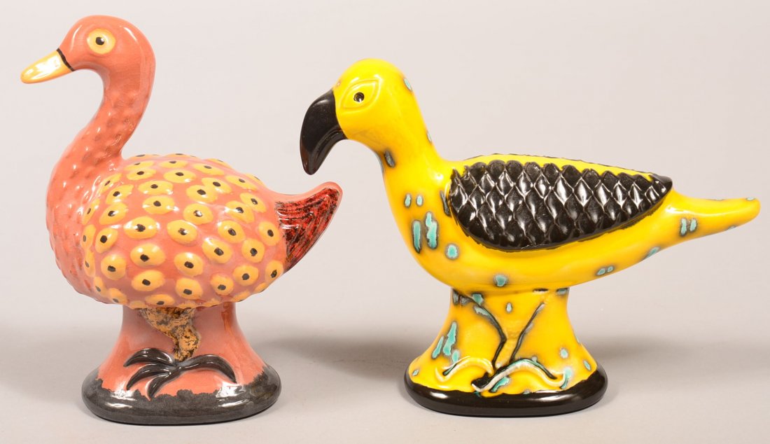 Two James Seagreaves Glazed and Molded Pottery Bird: Two James Seagreaves Glazed and Molded Pottery Bird Figurines. Both signed on base "JCS". 6-1/4" and 7-1/4"h. Condition: Very good.