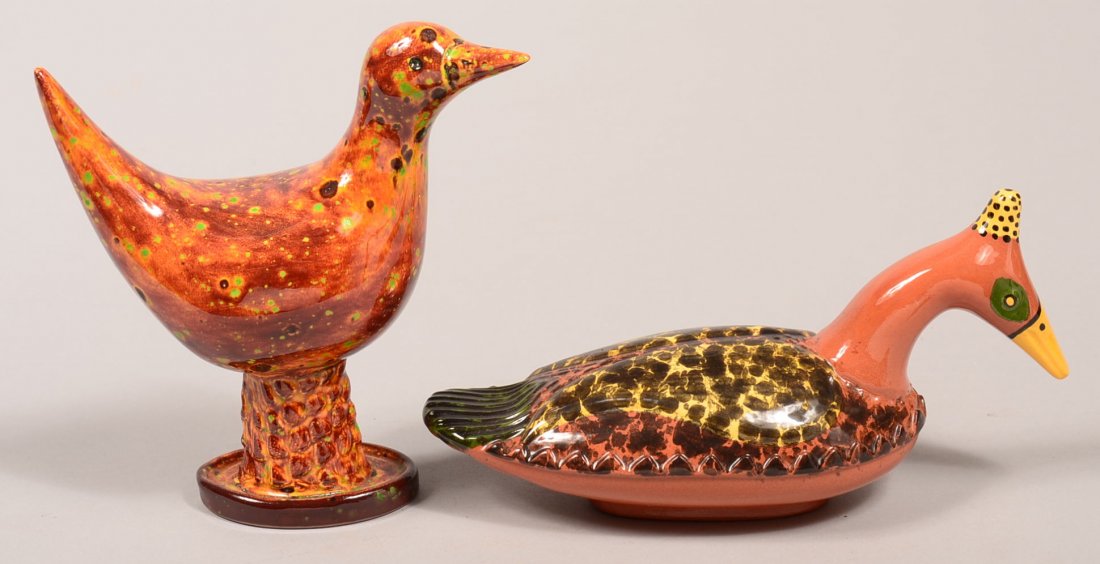Two James Seagreaves Glazed and Molded Pottery Bird: Two James Seagreaves Glazed and Molded Pottery Bird Figurines. Both signed on base "JCS". 7-1/4"h. and 9" long. Condition: Very good.