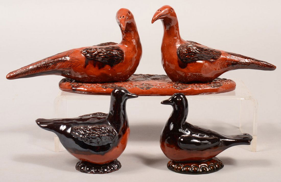 Three James J. Nyeste Hand Molded Redware Pottery Bird: Three James J. Nyeste Hand Molded Redware Pottery Bird Figures. Pair of birds on slab bases signed "James Joseph Nyeste, March 17, 1984, TWO LOVE BIRDS", 14"l. and two smaller bird figures signed and