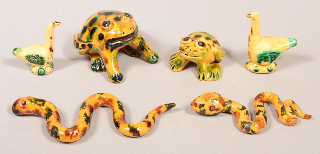 Six Various James J. Nyeste Redware Pottery Animal: Six Various James J. Nyeste Redware Pottery Animal Figural Whistles. Two frogs, 2-3/4" and 3-1/2"l., two snakes, 5-1/2" and 7-1/2"l. and two geese, 3" and 3-1/4"h. All are signed and dated. Condition: