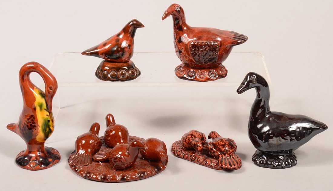 Six Various James J. Nyeste Hand Molded Redware Pottery: Six Various James J. Nyeste Hand Molded Redware Pottery Bird Figures. All are signed and dated. 1" to 4-3/4"h. Condition: Very good.