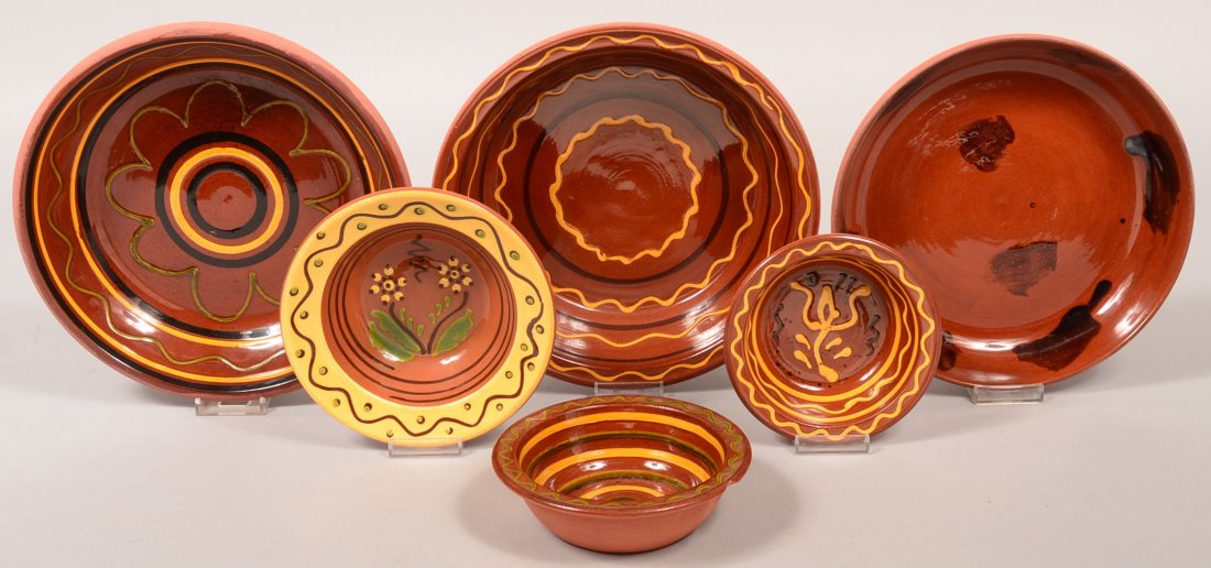 Six Various Breininger Redware Pottery Slip Decorated: Six Various Breininger Redware Pottery Slip Decorated Bowls. All are signed and dated. 5-3/4" to 11" diam. Condition: Very good.