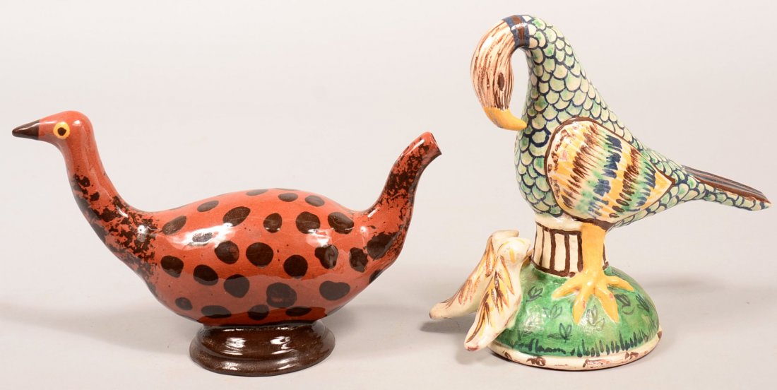 Two Turtlecreek Redware Pottery Large Molded Bird: Two Turtlecreek Redware Pottery Large Molded Bird Figures. 6-1/4" and 8-3/4"h. Both are signed and dated. Condition: Very good.