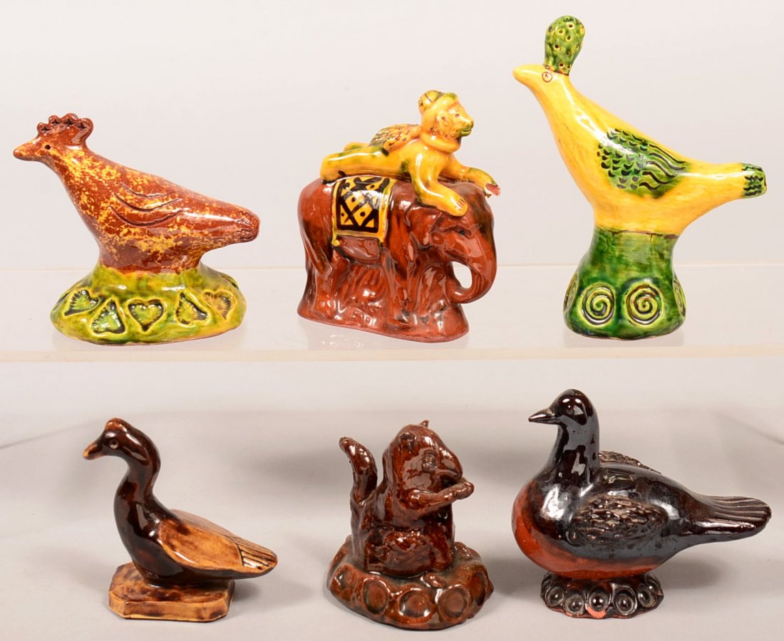 Lot of Six Various Molded Redware Animal Figures.: Lot of Six Various Molded Redware Animal Figures. Including Breininger monkey on elephant, Foltz squirrel, Nyeste bird and more.3-1/4" to 5-1/2"h. Condition: Good with a couple of small chips.