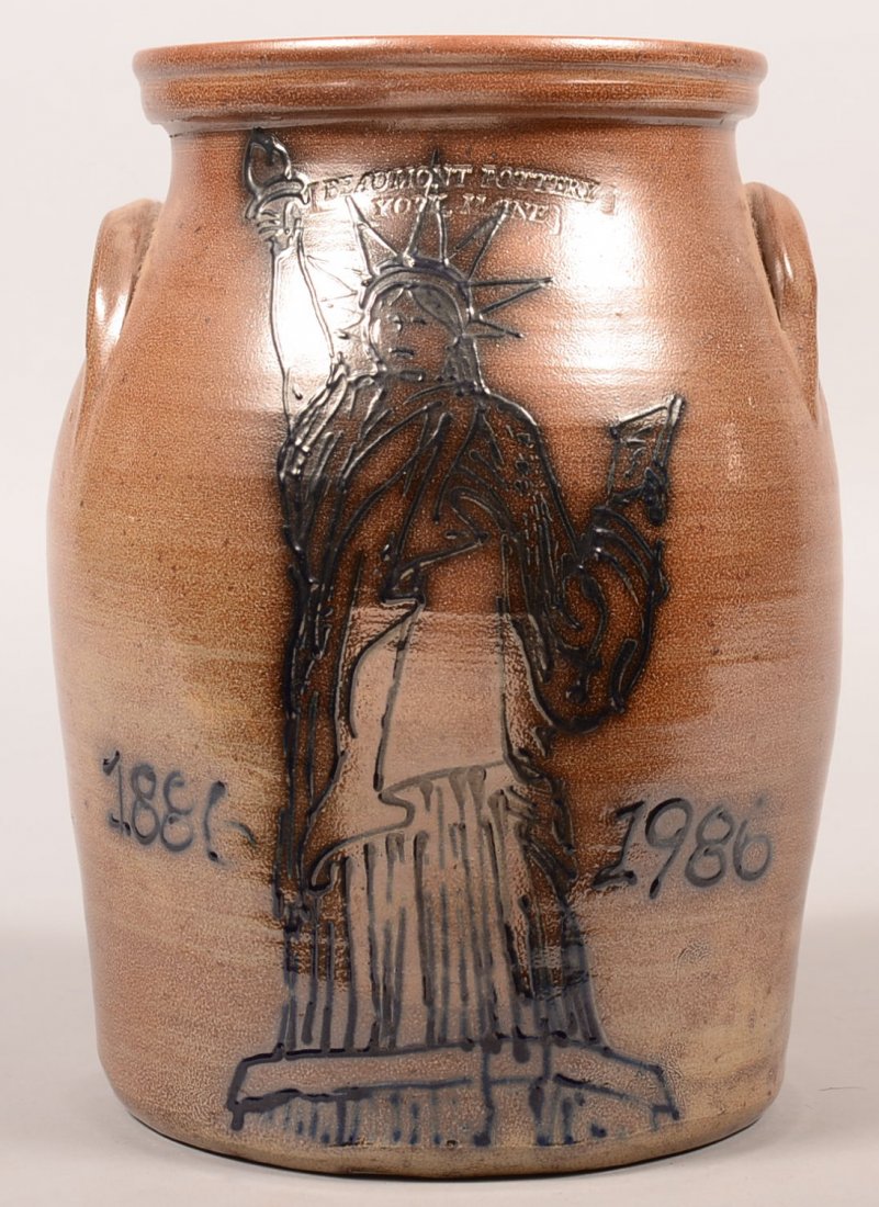 Beaumont Pottery Stoneware Crock with Statue of Liberty: Beaumont Pottery Stoneware Crock with Statue of Liberty Cobalt Blue Slip Decoration. Centennial piece dated 1886-1986. 12"h. Condition: Very good.
