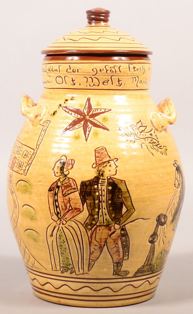 S.J. Pottery Redware Sgrafitto Decorated Large Covered: S.J. Pottery Redware Sgrafitto Decorated Large Covered Jar. Incised with figures, horses, log house and verse. "On this jar stands a home, he who would pilfer will stay out. East, West my wife is best