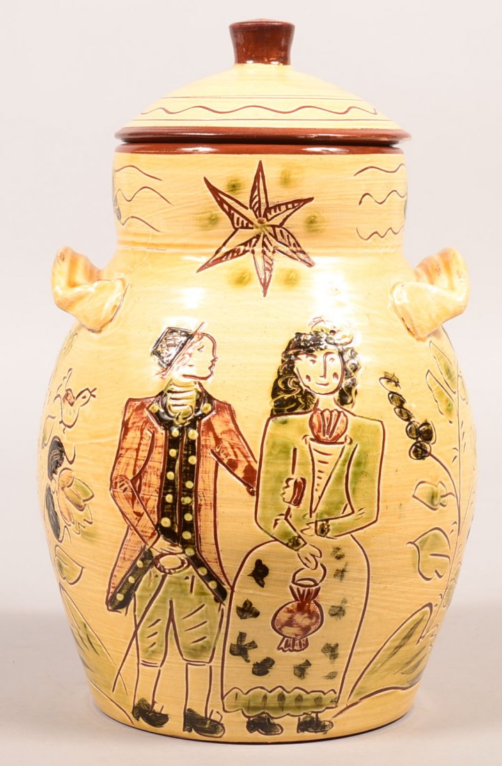 S.J. Pottery Redware Sgrafitto Decorated Large Covered: S.J. Pottery Redware Sgrafitto Decorated Large Covered Jar. Incised with Man and Woman, birds, deer, floral, folate and verse. "This hoart of mine is only thine. Only to thee given". 12-1/2"h. Conditi