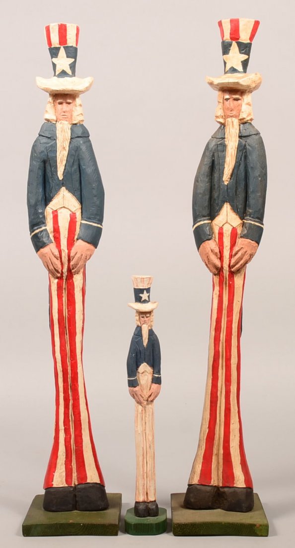 Three Large Anthony Art Works Carved and Painted Wood: Three Large Anthony Art Works Carved and Painted Wood Uncle Sam Figures. (Randy and Nancy Anthony, Fitzgerald, GA). All are signed. 14-1/2" and 29"h. Condition: Very good.