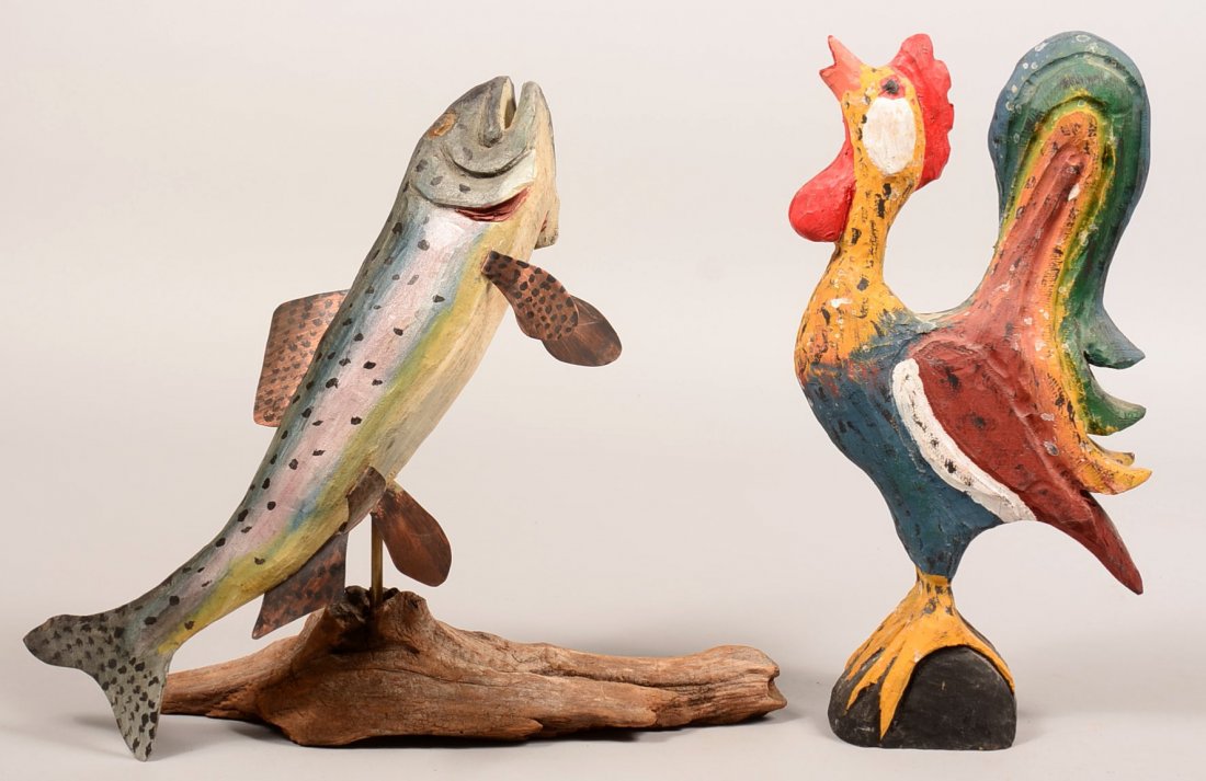 Two Large Anthony Art Works Carved and Painted Animal: Two Large Anthony Art Works Carved and Painted Animal Figures. (Randy and Nancy Anthony, Fitzgerald, GA). Rainbow trout with copper fins mounted on a driftwood base, 14"h. and a brightly painted crowi