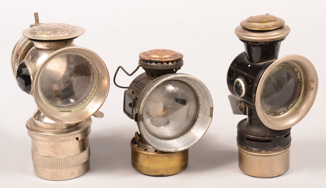 Three Various Bicycle Lamps. Solar with faucet: Three Various Bicycle Lamps. Solar with faucet reflectors, 7"h. Twenty Century and Old Sol by Hawthorne Mfg. Co. 5-1/2" and 7"h. Condition: Good and paint loss.