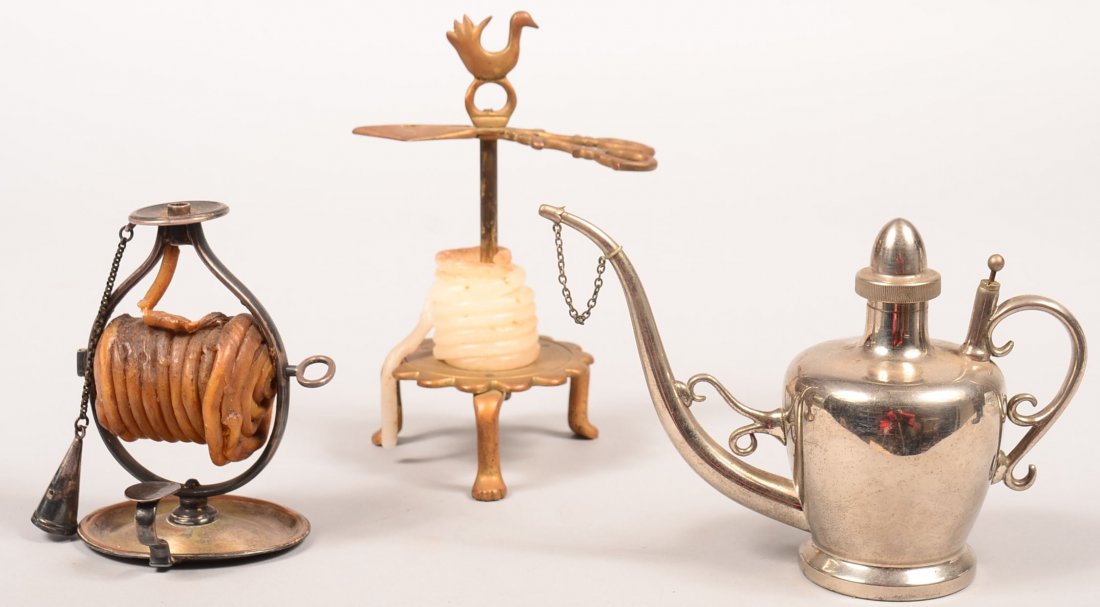 Two Wax Jacks and S. Sternau & Co. Lamp Filler. Silver: Two Wax Jacks and S. Sternau & Co. Lamp Filler. Silver plate wax jack with snuffer and finger grip handle, 5-1/2"h. (loss to plate and snuffer), Cast brass wax jack with scissor form type with rooster