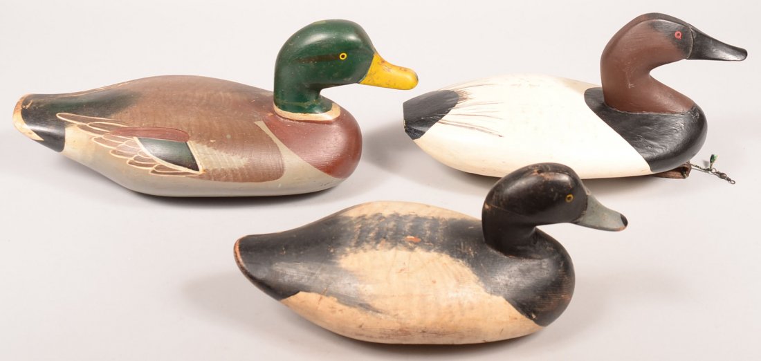 Three Various Duck Decoys. First is a Mallard Drake: Three Various Duck Decoys. First is a Mallard Drake signed Horace Graham, flat bottom no weight, 16"l. Canvasback Drake signed Dale Smith Red Lion, PA, leather ring and lead weight signed Dale Smith, 