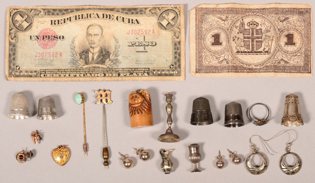 Grouping of Miniatures and Jewelry. Including sterling: Grouping of Miniatures and Jewelry. Including sterling miniature goblet, two marked sterling thimbles, miniature pitcher and candlestick unmarked possibly sterling, sterling hoop earrings, monkey head