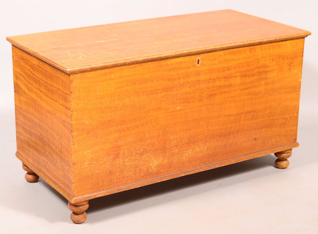 Lancaster County, PA Grain Decorated Softwood Blanket: Lancaster County, PA Grain Decorated Softwood Blanket Chest. Molded lid, Interior till, dovetailed case and turned feet. 26-1/2"h x 47-1/2"w x 23-1/2"d. Condition: Original paint shows minor wear and 