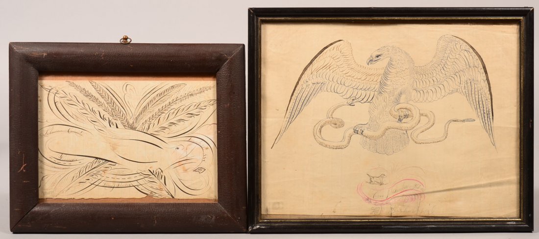 Two Late 19th Century Ink Calligraphy Drawings on: Two Late 19th Century Ink Calligraphy Drawings on Paper. Spreadwing eagle clutching a snake above small dog and name plaque Henry J. Bucher 1885, 9-1/2"h. x 12"w. Dove and foliage signed Henry J Buche