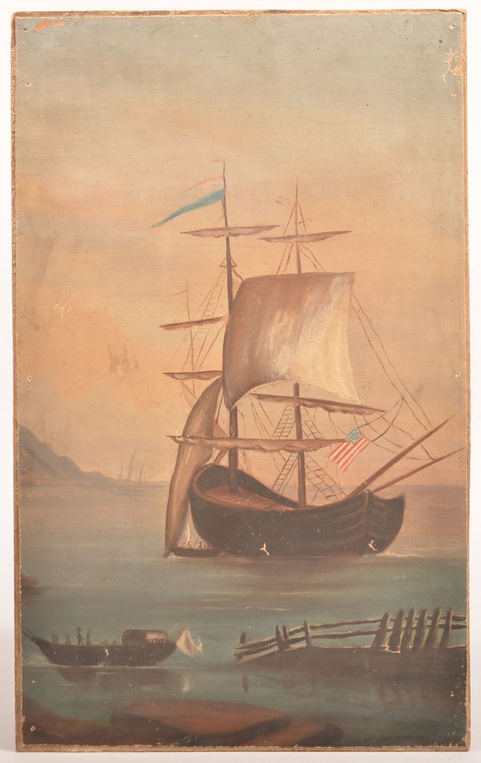 Unsigned 19th Century Oil on Canvas Painting of an: Unsigned 19th Century Oil on Canvas Painting of an American Two Mast Sailing Vessel. Folky image depicts the ship anchored at a harbor with a tender off-loading crew. Unframed, 21-1/2" x 13-1/4". Cond