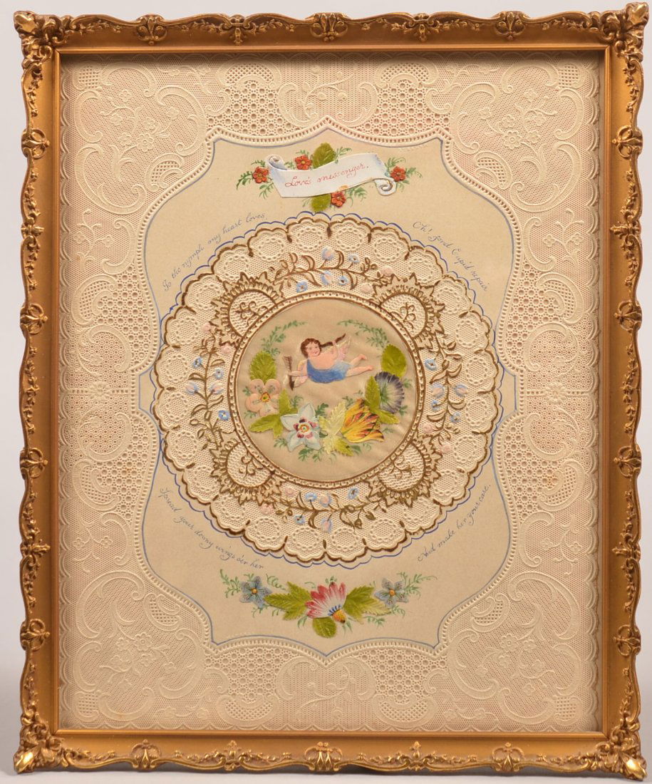 Very Fine Mid 19th Century Hand Colored and Hand Drawn: Very Fine Mid 19th Century Hand Colored and Hand Drawn Paper Lace Valentine, Signed Mansell. Central silk reserve with applied Cupid in polychrome floral and foliate wreath. Collaged elements with wat