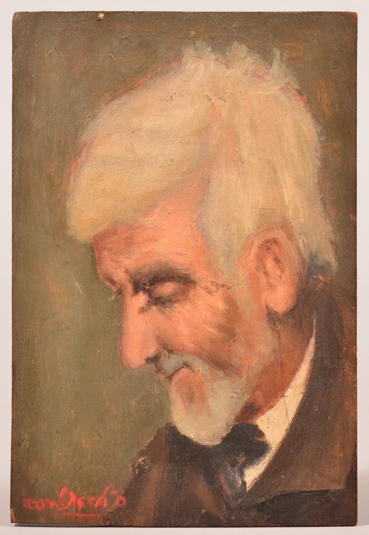Late 19th/early 20th Century Oil on Board Painting of: Late 19th/early 20th Century Oil on Board Painting of an Elderly Man, Signed "Von Ossko". Leon Von Ossko, Artist, Linguist, Baron - (b. 1856 Heilbron, Germany, d. 1906 St. Augustine, FL). A true globe