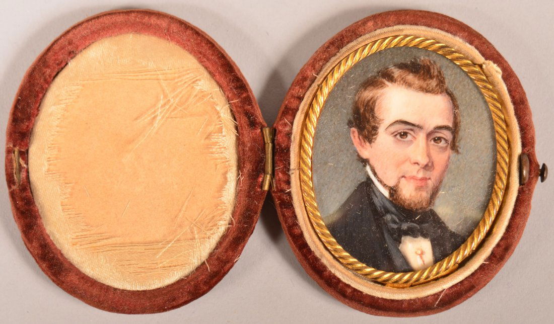 Early 19th Century Miniature Oval Portrait Painting on: Early 19th Century Miniature Oval Portrait Painting on Ivory of a Young Gentleman. Faintly signed on backing paper "J. Zell". In a maroon velvet hinged case, 2-1/2" x 2-1/4" overall. Condition: Portra