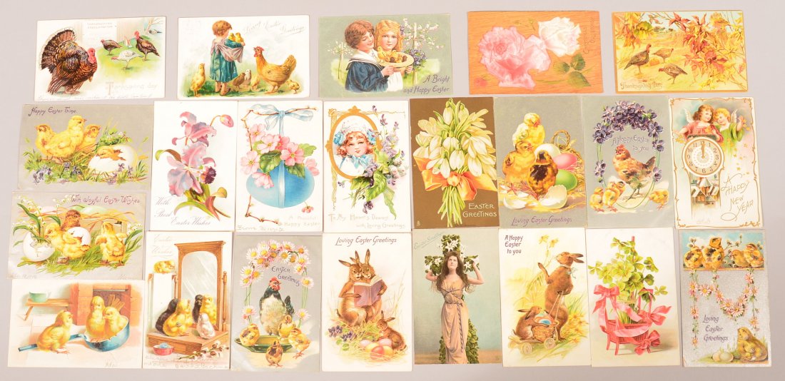 Lot of 21 Raphael Tuck & Sons Postcards. 17 are Easter,: Lot of 21 Raphael Tuck & Sons Postcards. 17 are Easter, 1 is Thanksgiving, 1 is New Year, 2 are floral. Condition: Good overall.