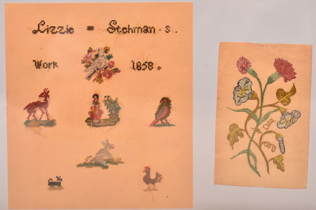 Cross-Stitch Needlework Signed Lizzie Stehman's Work: Cross-Stitch Needlework Signed Lizzie Stehman's Work 1858. Executed on punched paper with images of girl by flowers, deer, dove, parrot, rooster, rabbit and dog figures. Unframed, 7-1/4" x 6-1/2". Alo