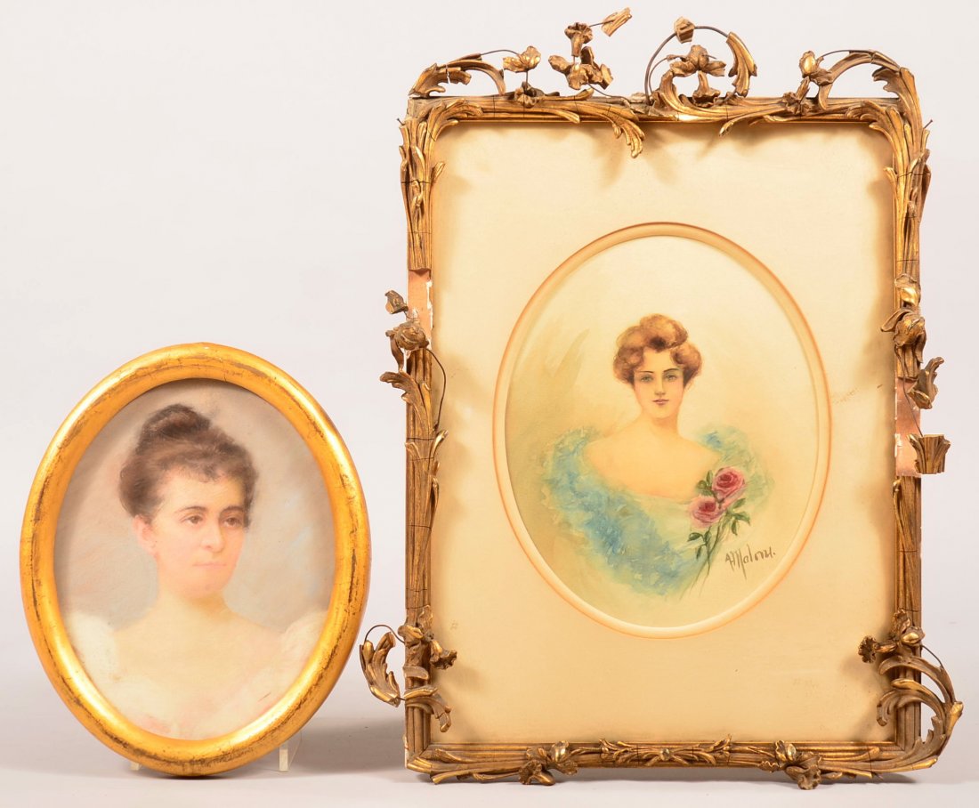 Two Oval late 19th Century Early 20th Century: Two Oval late 19th Century Early 20th Century Watercolor Paintings of Young Ladies. 1st: Gibson Girl Style, signed A. Malory in a Art Nouveau gilt frame, image size: 9-3/4" x 7-3/4", 20" x 15" overall