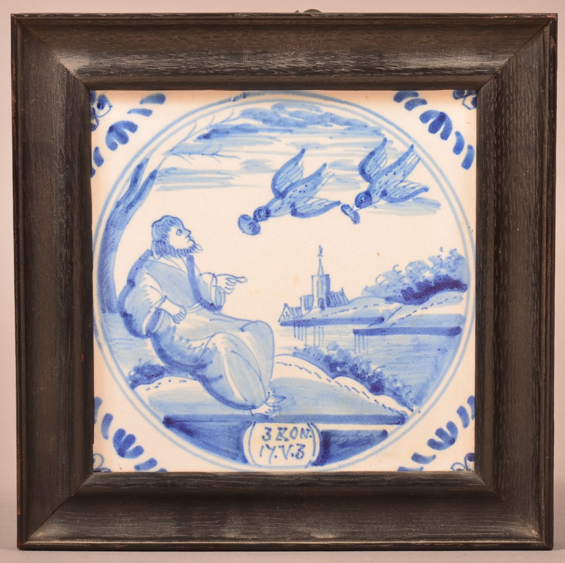 Blue on White Pottery Tin Glazed Religious Scene Tile.: Blue on White Pottery Tin Glazed Religious Scene Tile. In a dark stained molded oak frame. 6-7/8" square. Condition: Good.