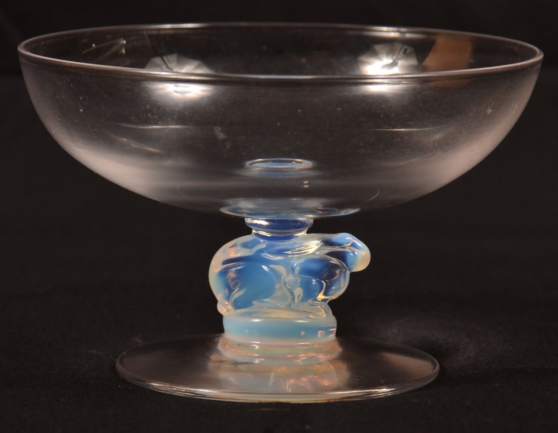 Libbey Colorless and Opalescent Glass Rabbit Silhouette: Libbey Colorless and Opalescent Glass Rabbit Silhouette Pattern Small Compote. LIBBEY-within-a-circle mark. Part of the Silhouette line designed in 1933 by Douglas Nash, a former Tiffany executive. 2-