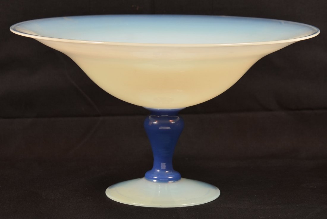 Steuben Blue Jade and Alabaster Art Glass Compote.: Steuben Blue Jade and Alabaster Art Glass Compote. Opalescent glass bowl and base with blue jade glass vasiform pedestal. 5-1/2" high x 9-7/8" diameter. (Unsigned). Condition: Very good, no damage.