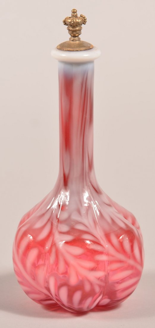 Cranberry Opalescent Victorian Art Glass Fern Pattern: Cranberry Opalescent Victorian Art Glass Fern Pattern Bitters / Barber's Bottle. Six-lobe Melon Rib base with elongated neck and rolled rim, polished pontil mark. Probably Beaumont Glass Co., Late 19t