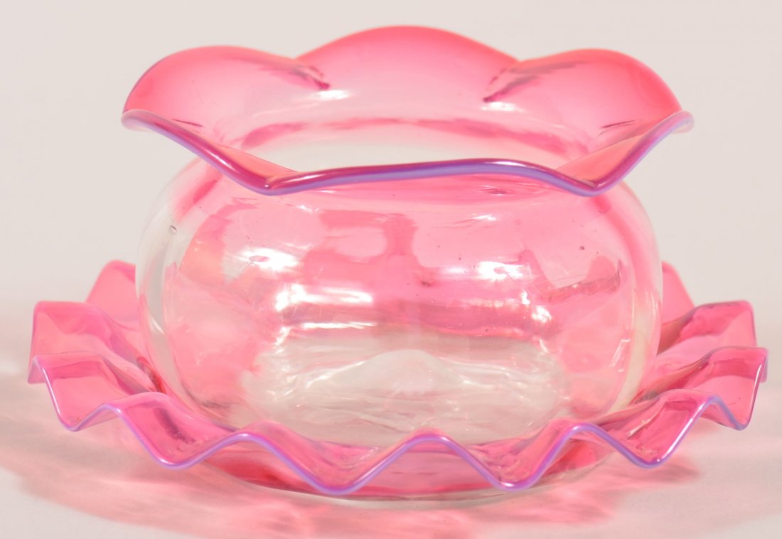Victorian Cranberry Art Glass Finger Bowl and: Victorian Cranberry Art Glass Finger Bowl and Under-plate attributed to Stevens & Williams. Light opaque colorless glass with cranberry scalloped edge. Blown with polished pontil. 3" high x 5-7/8" dia