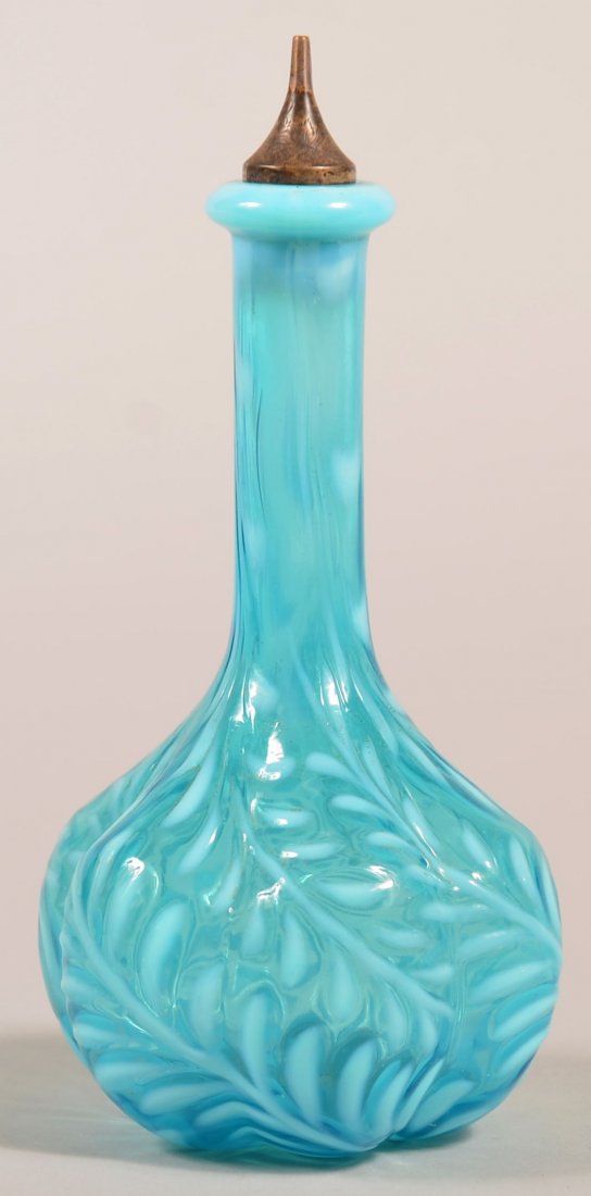 Blue Opalescent Victorian Art Glass Fern Pattern: Blue Opalescent Victorian Art Glass Fern Pattern Bitters / Barber's Bottle. Six-lobe Melon Rib base with elongated neck and rolled rim, polished pontil mark. Probably Beaumont Glass Co., Late 19th cen