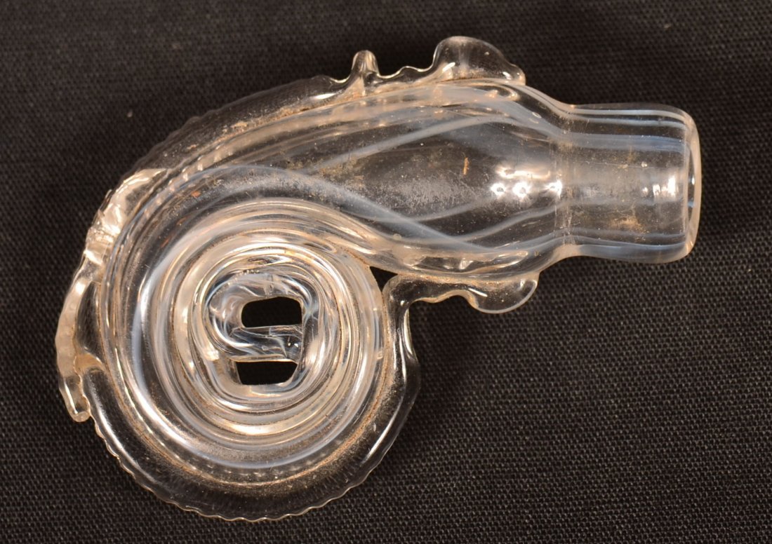 Colorless Nailsea Snail Form Scent Bottle with Applied: Colorless Nailsea Snail Form Scent Bottle with Applied Rib. 2"l. Condition: Very Good.