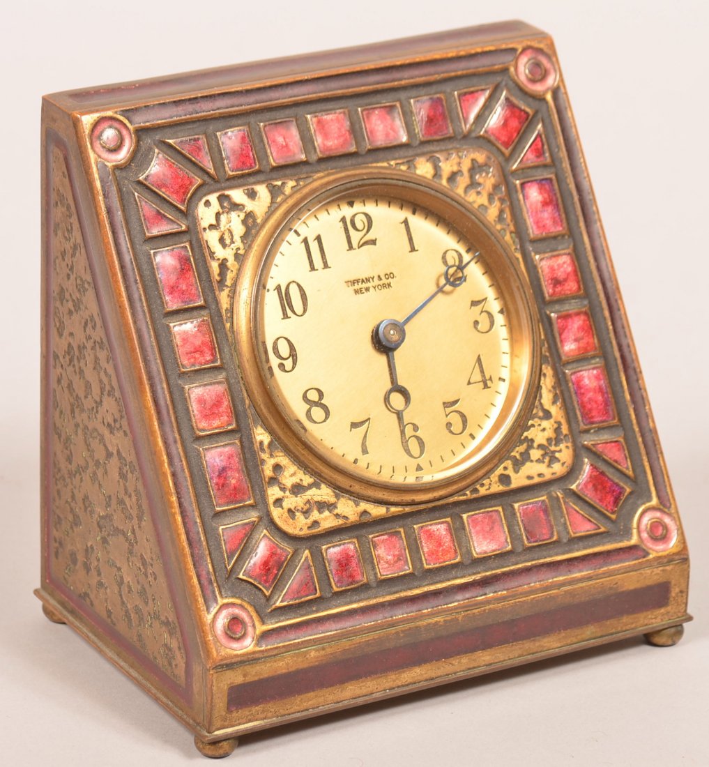 Tiffany Furnaces Mosaic Red Enamel and Dore Art Deco: Tiffany Furnaces Mosaic Red Enamel and Dore Art Deco Bronze Desk Clock, Model No. 360, C. 1920. Marked "LOUIS C. TIFFANY FURNACES, INC., 360", on base, marked "TIFFANY & CO. NEW YORK" on clock dial. W