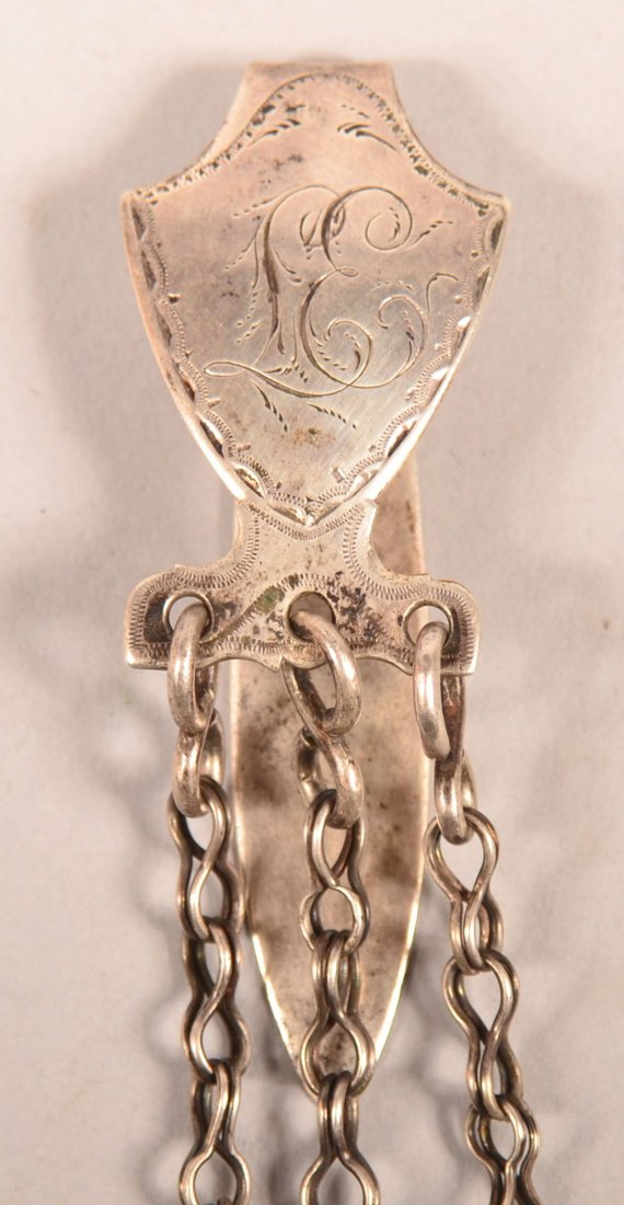 18th Century American Coin Silver Chatelaine Hook,: 18th Century American Coin Silver Chatelaine Hook, Chain and Pin Cushion Ring, Probably Lancaster, PA. (Unmarked). Shield shaped hook (monogramed "L.E.") with triple chain attached and serpentine edge