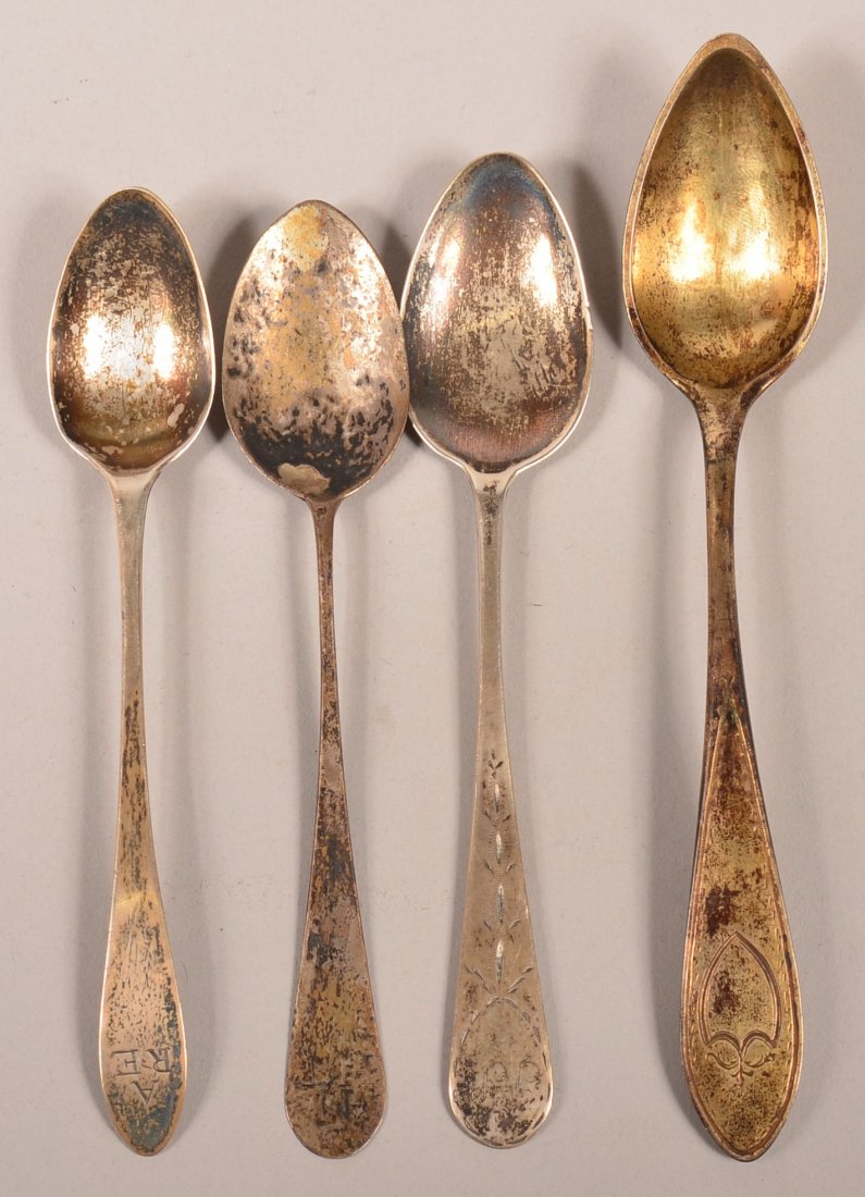 Four Various American Coin Silver Teaspoons. 1st:: Four Various American Coin Silver Teaspoons. 1st: Marked "T.D.D." (Tunis D. Dubois, New York, NY Circa. 1797-1799). 2nd: Marked "I.D." (Jonathan Davenport, Philadelphia, PA, Circa. 1793-1796). 3rd: Ma