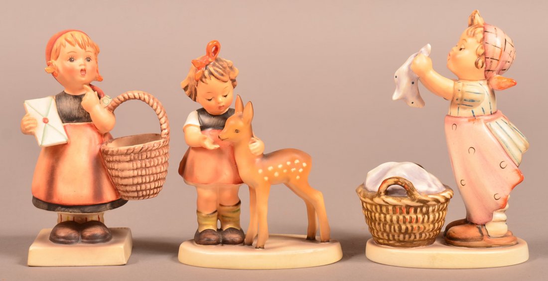 Three Hummel Figures; Meditation # 13/0,Tmk-3, Friends: Three Hummel Figures; Meditation # 13/0,Tmk-3, Friends # 136/1, Tmk-4, Wash Day # 321, Tmk-4, 5-5-3/4"h. Condition: Very good.