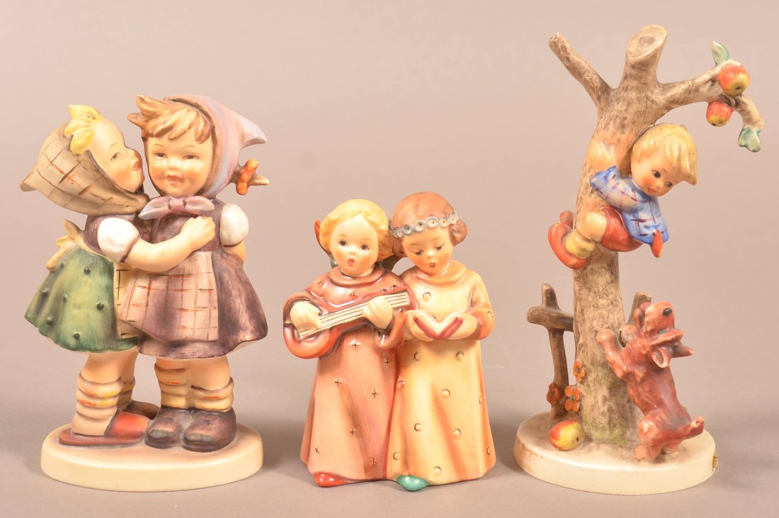 Three Hummel Figures; Telling Her Secrets # 196/0,: Three Hummel Figures; Telling Her Secrets # 196/0, Tmk-4, Angelic Song # 144, Tmk-6, with original box, Culprits # 56a, Tmk-3, 4"h. - 6-1/2"h. Condition: Very good.