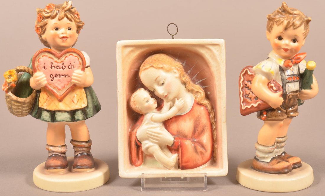 Three Hummel Figure; Valentine Gift # 387, Tmk-5,: Three Hummel Figure; Valentine Gift # 387, Tmk-5, Madonna Plaque # 48/0, Tmk-1, Valentine Joy # 399, Tmk-6, 4-1/4"h. -5-3/4"h. Condition: Very good.