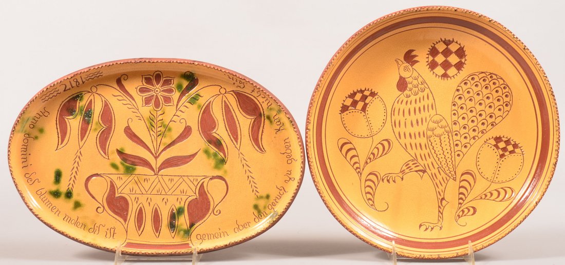 Two Contemporary Sgraffito Decorated Redware Pottery: Two Contemporary Sgraffito Decorated Redware Pottery Pieces. by Joel D. Huntley ( Wisconsin Pottery). Oval platter with potted tulip and verse around bottom, 14-1/2"l. circular plate with rooster and