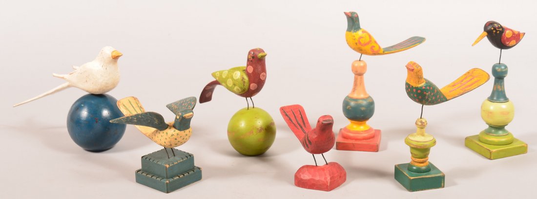 Seven Carved and Painted Folk Art Birds By Clark and: Seven Carved and Painted Folk Art Birds By Clark and Veronica Pearson. Signed and dated 1999 and 2004, tallest 8"h. Condition: Very good.