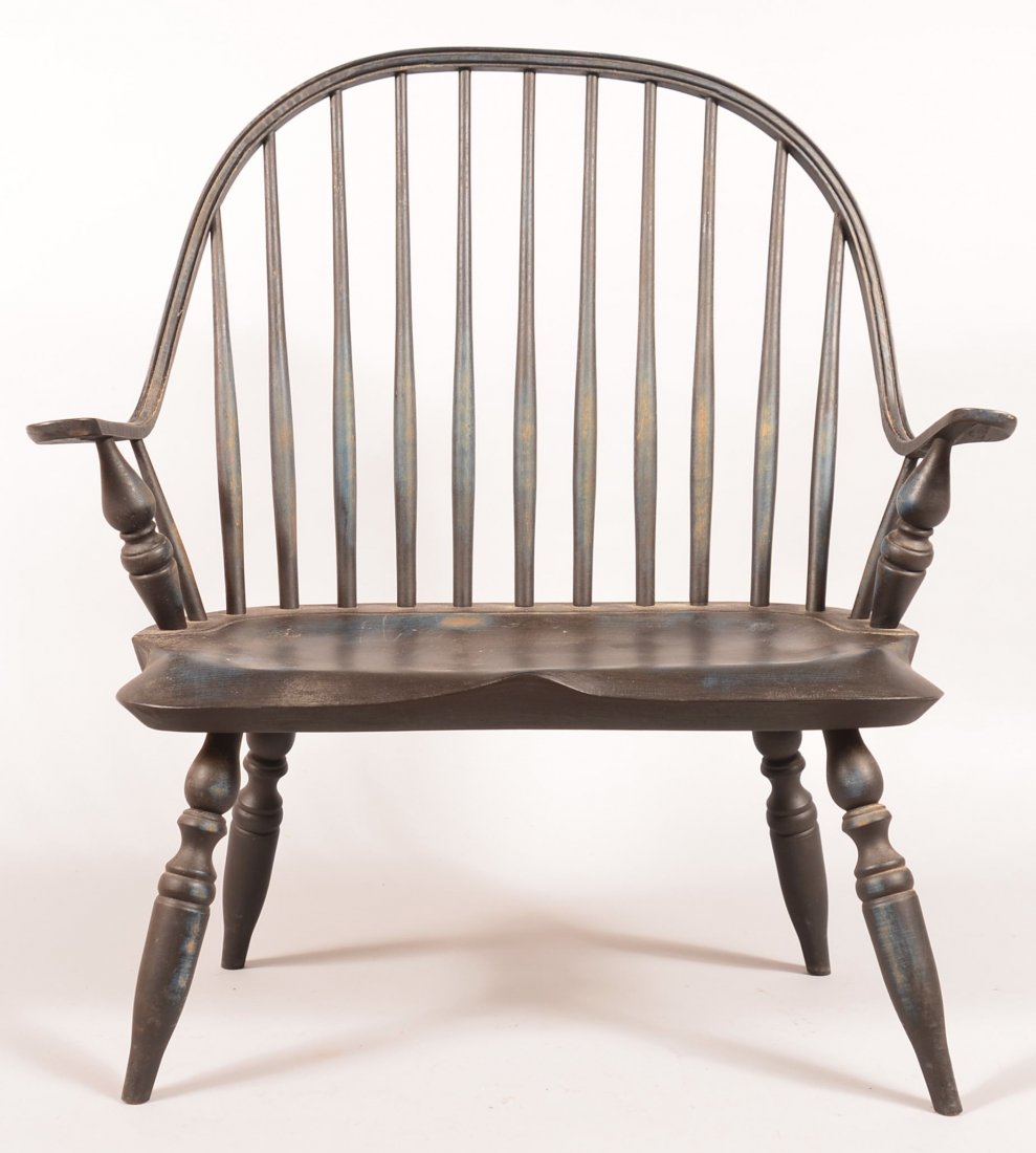 Windsor Style Bow Back Child's Settee with Continuous: Windsor Style Bow Back Child's Settee with Continuous Arms and turned legs. Signed Mount Royal Warren, RI 5-30-92, seat height 12", Condition: Very good.