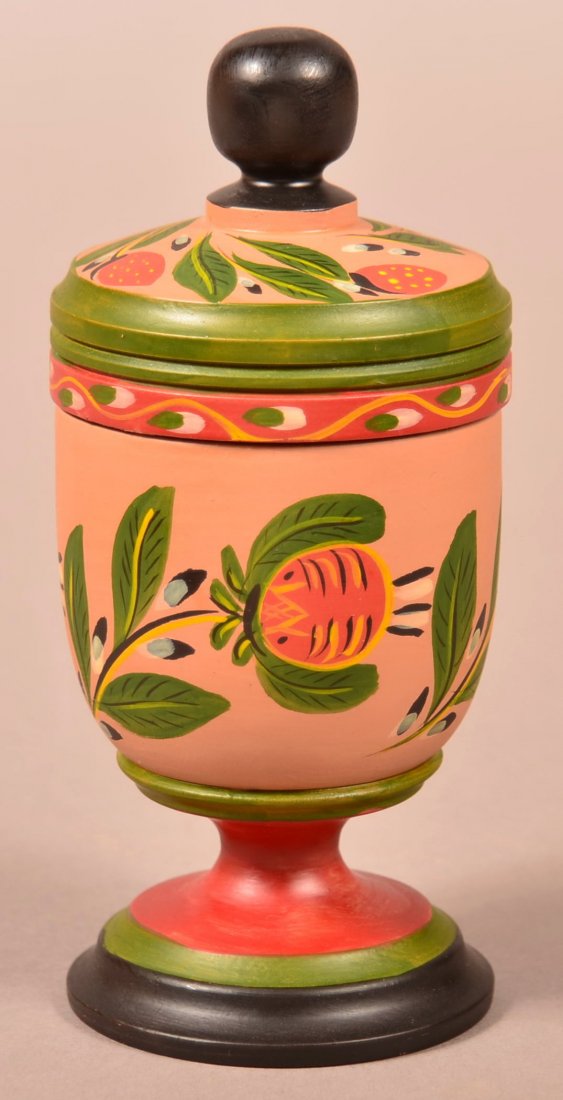 Contemporary Covered Saffron Wood Cup painted in Lehn: Contemporary Covered Saffron Wood Cup painted in Lehn style, signed Folk art Kraffts 1980, 5-3/4"h. Condition: Very good.