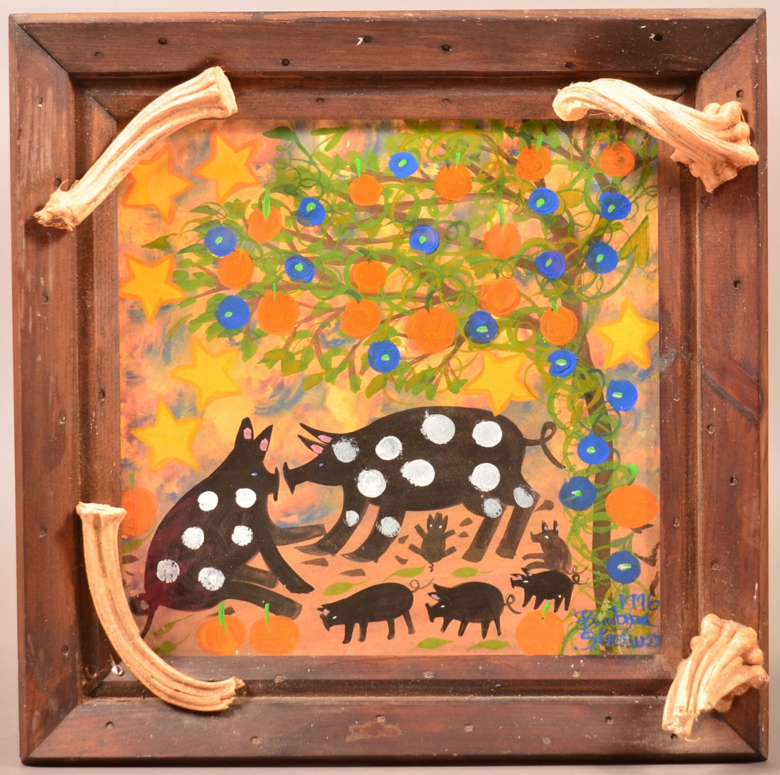 Barbara Strawser Framed Watercolor of Spotted Pigs: Barbara Strawser Framed Watercolor of Spotted Pigs under a Tree. Signed and dated 1996. Condition: Very good.