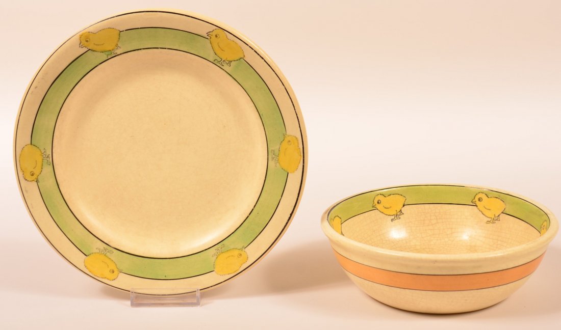 Two Roseville Pottery Juvenile Ware Chick Pattern: Two Roseville Pottery Juvenile Ware Chick Pattern Pieces. 8-1/2"dia. Plate and cereal bowl, plate unsigned and stamp with number 3, 6-3/4"dia. bowl is unsigned also. Condition: Good, bowl with rim bru