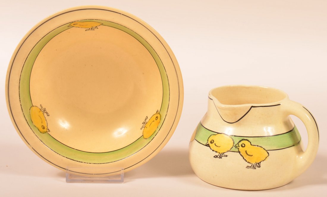 Two Roseville Pottery Juvenile Ware Chick Pattern: Two Roseville Pottery Juvenile Ware Chick Pattern Pieces. Low Cereal Bowl ,unsigned and stamped with number 11, 6"dia. And Side Spout Cream Pitcher, unsigned, 3"h. Condition: Very good.